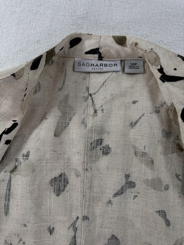 Sag Harbor Linen Blazer Size 14 Petite Tan Beige Abstract Print Womens