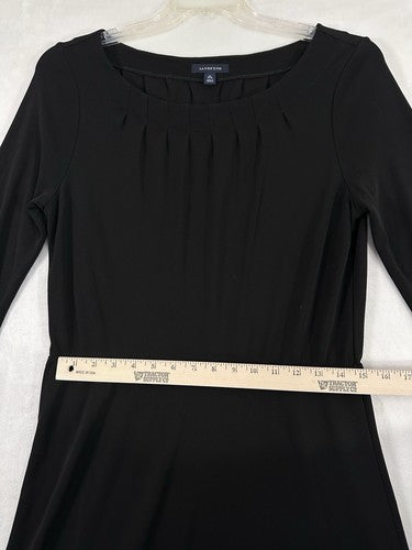 Lands End Dress Medium Black Midi Long Sleeve A-Line Pleated Neck Rayon Poly