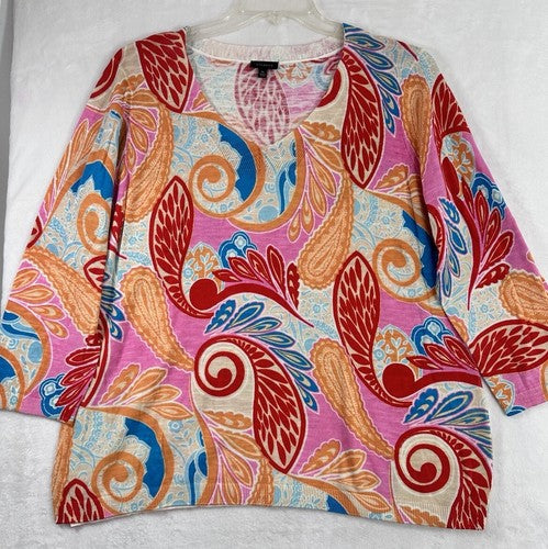 Talbots Sweater XL V Neck Pullover Cotton Paisley Print Red Blue Pink 3/4 Sleeve