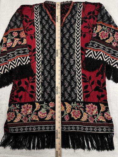 Alkaram Studio Tunic Top Large Fringe Boho  Womens Red Black Tribal Print