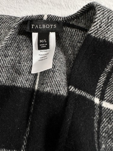 Talbots Ruana Medium Large Ruffle Plaid Poncho Wrap Black White Wool Blend