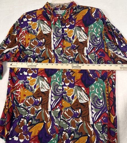 Vintage 90s Shirt Womens Large Button Up Hipster Rayon Short Sleeve Shoulder Pad