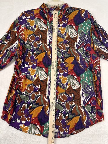 Vintage 90s Shirt Womens Large Button Up Hipster Rayon Short Sleeve Shoulder Pad