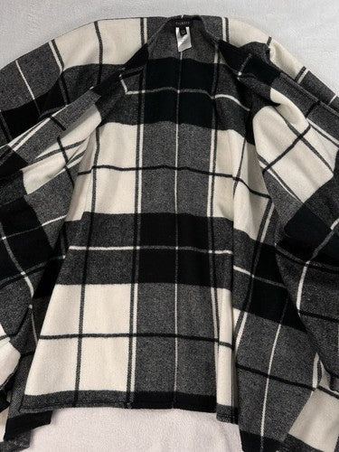 Talbots Ruana Medium Large Ruffle Plaid Poncho Wrap Black White Wool Blend