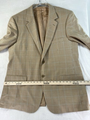 Talbots Men’s Blazer 46R Silk Wool Tan Windowpane Check 2 Button Single Vent