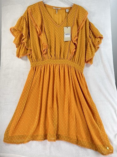 Scotch & Soda Dress Large Yellow Ruffled Swiss Dot Lined Short Womens NWT
