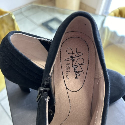 Life Stride Shoes 7.5 Black Bootie Heels Faux Suede Side Zip Womens