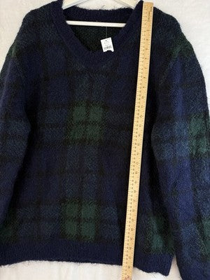 Gap Sweater Mens Medium Alpaca Wool Tartan Plaid Green Blue V Neck New