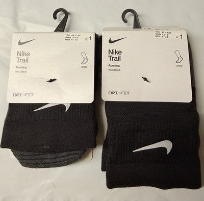Nike Trail Running Socks Men 6-7.5 Women 7.5-9 Black Medium Ankle Wool New Lot
