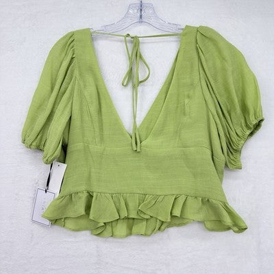 1. State Women Tops Medium 12 Crop Green Puff Sleeve Blouse Open Back New NWT