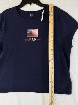 Gap Crop Tee Large Short Sleeve Navy Blue USA Flag July 4th Top Shirt Womens New