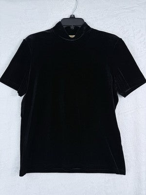 Vintage Talbots Top Medium Black Velour Mock Neck Short Sleeve Women Made In USA