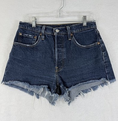 Levis 501 Jean Shorts Women 27 Button Fly Fringe 3” Blue Denim Premium Jeans
