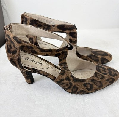 LifeStride Giovanna 2 Pump 9.5 Women Heels Leopard Print Heels Ankle Strap Flex