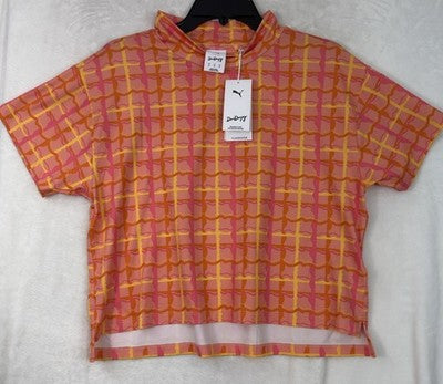 Puma Dani Dazey Top Medium Cloudspun Mock Neck Pink Plaid Womens NWT