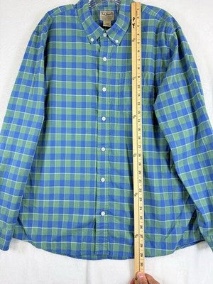 LL Bean Shirt Large Blue Plaid Comfort Stretch Oxford Long Sleeve Button Down