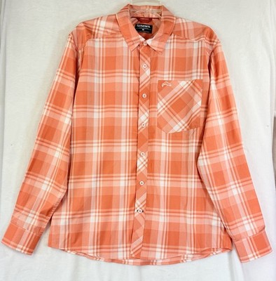 Simms Fishing Shirt Medium Outpost Long Sleeve Button Up Down Coral Plaid Mens