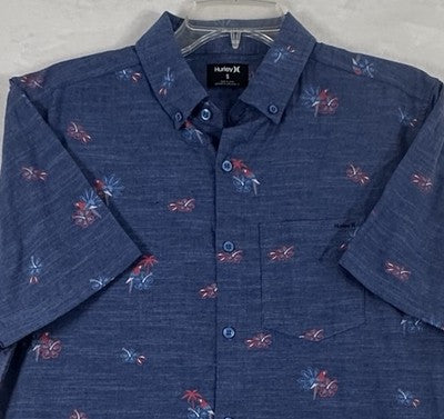 Hurley Shirt Men’s Small Short Sleeve Blue Tropical Birds Button Up Summer NEW
