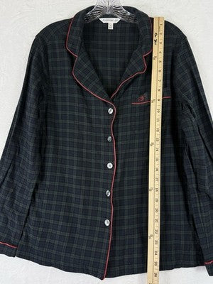 Brooks Brothers Flannel Pajamas Top Medium Womens Green Black Watch Plaid PJ