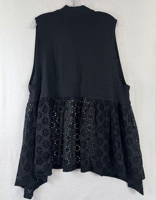 LOGO by Lori Goldstein Eyelet Open Front Sleeveless Cardigan Vest Black Large