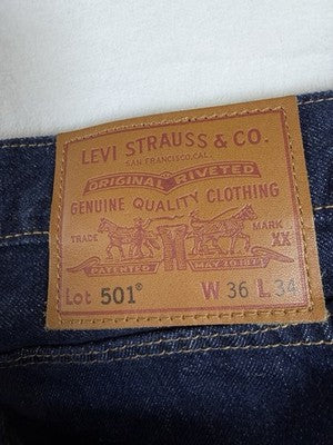 Levis 501 Jeans Mens Button Fly 36x34  Blue Stretch Straight Leg