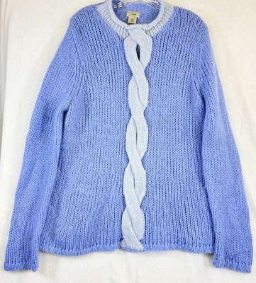 LL Bean XL Sweater Womens Blue Wool Mohair Chunky Cable Knit Roll Neck