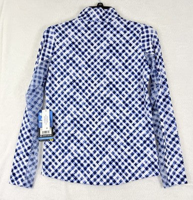 IBKUL Womens Long Sleeve Top XS 1/4 Zip Mock Neck Blue Gingham Check Golf 18076