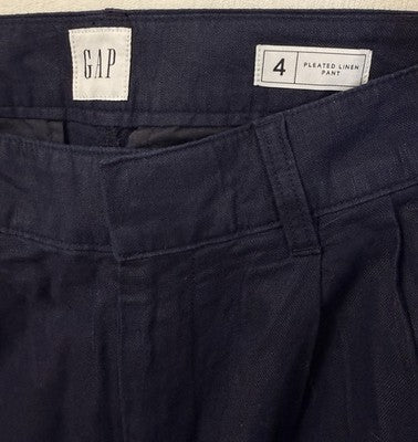 Gap Linen Blend Pants 4 Navy Blue Pleated High Waist Trousers Womens