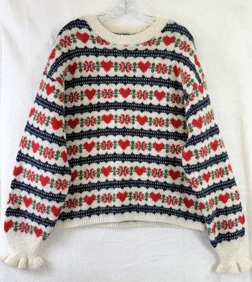 Old Navy Sweater Women XL Tall  Loose Crew Neck Wool Cropped Hearts Fair Isle