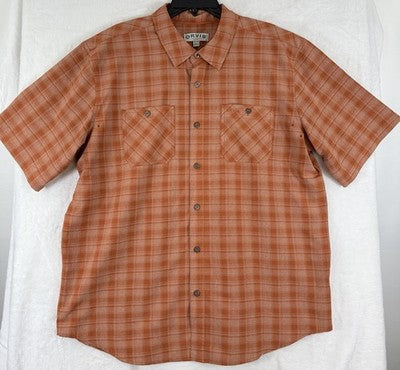 Orvis Men’s XL Shirt Short Sleeve Tech Plaid Orange Button Up Pockets Collar