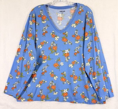 Lands End Relaxed Fit Cotton T Shirt 1X Petite Blue Floral Long Sleeve Knit Tee