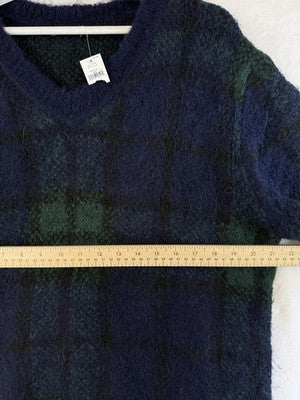Gap Sweater Mens Medium Alpaca Wool Tartan Plaid Green Blue V Neck New