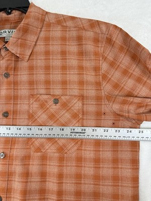 Orvis Men’s XL Shirt Short Sleeve Tech Plaid Orange Button Up Pockets Collar