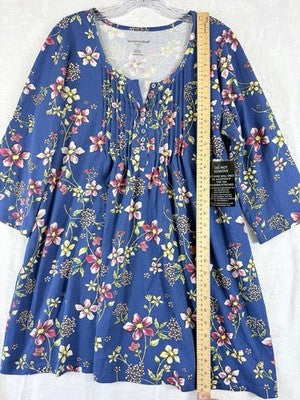 Woman Within Tops 3/4 Sleeve Tunic Henley Blue Floral 14 16 Plus Size Womens