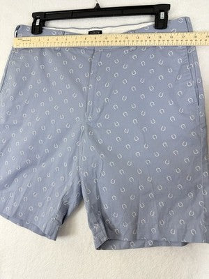 J Crew Gramercy Shorts 35 Mens Blue 9”Horseshoes Horse Print 100% Cotton Chino