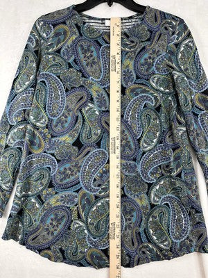 J Jill XS Top Knit Long Sleeve Paisley Blue Green Modal Cotton Womens