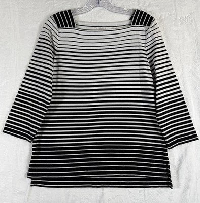 Talbots Tee Medium Knit Tops 3/4 Sleeve Square Neck Black White Stripe Womens