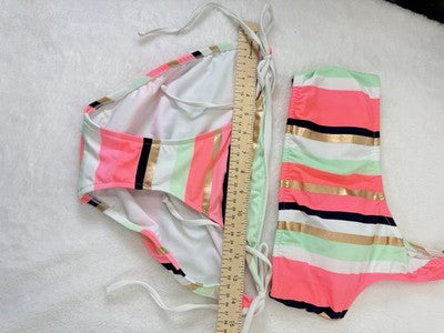 Venus Bikini Set Top Bottom One Shoulder Pink Striped Womens 6 Top 10 Bottoms