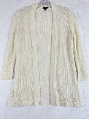 Talbots Cardigan Sweater Size P Petite Small Ivory 100% Cotton Open Knit Front