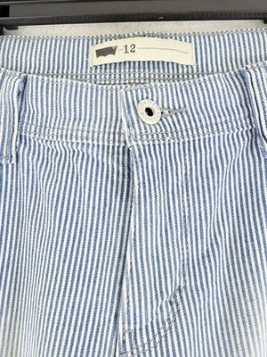 Levis Jean Shorts Women 12 Denim Light Blue White Striped 11” Bermuda Roll Hem