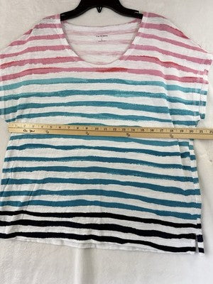 T By Talbots Top Large Tee Short Sleeve Womens Pink Blue Striped 100% Cotton
