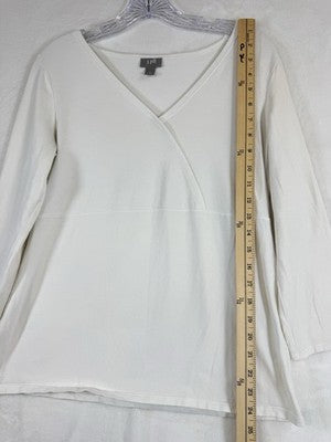J Jill Top Small Faux Wrap Tee White 3/4 Sleeve Knit Cotton Stretch Womens