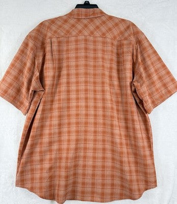 Orvis Men’s XL Shirt Short Sleeve Tech Plaid Orange Button Up Pockets Collar