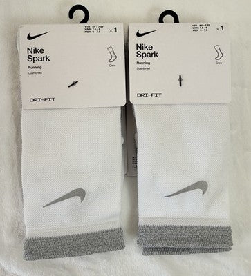 Nike Spark Running Socks Crew White Men 6-7.5 Women 7.5-9 Cushioned Lot New