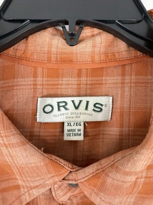 Orvis Men’s XL Shirt Short Sleeve Tech Plaid Orange Button Up Pockets Collar