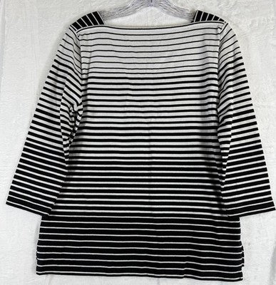 Talbots Tee Medium Knit Tops 3/4 Sleeve Square Neck Black White Stripe Womens
