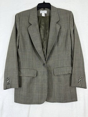 Vintage Lands End Size 6 Blazer Women 90s Tan Plaid Jacket Worsted Wool Made USA