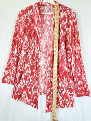 Chicos Size 1 100% Linen Cardigan Sweater Medium Womens Red Print Open Front Top