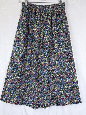 Vintage 90s Floral Midi Skirt Black Made In USA Womens Marilyn Pull On