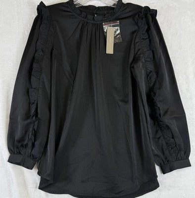 J Crew Ruffle Sleeve Neck Top Black XS Satin Crepe Long Sleeve Womens New NWT